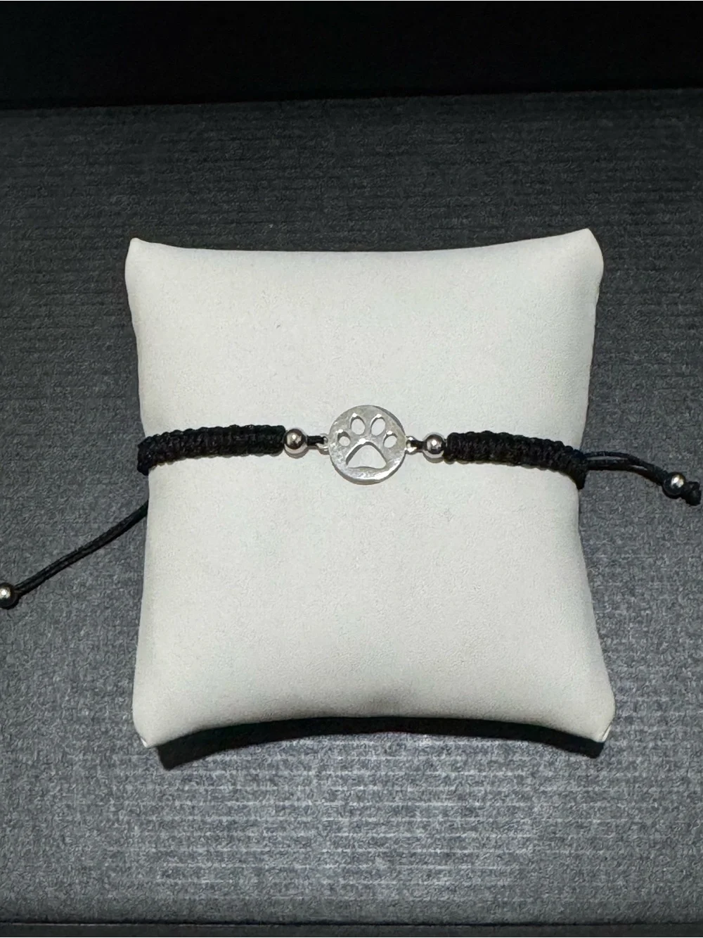 Handmade Black Cord Paw Print Bracelet Stainless Steel Adjustable